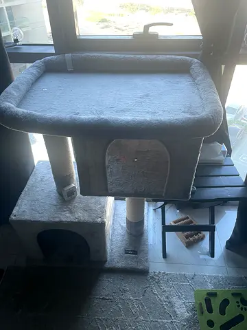 Grey plush cat tree with condo and scratching posts