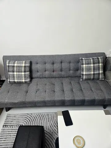 Grey 3-seater Fabric Sofa , convertible to bed with Cushions - Good Condition
