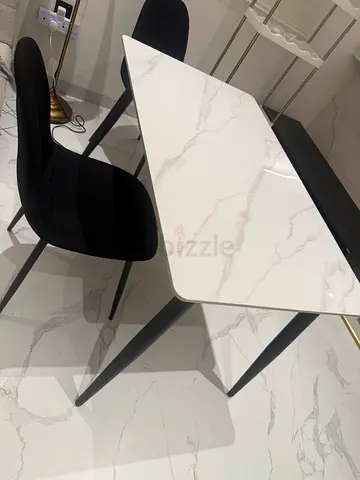 Modern Marble-Top Dining Table with 2 Black Chairs