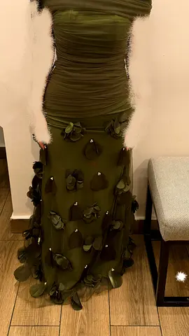 Olive green ruched evening gown with floral appliqués, size approx S/M