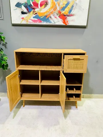 IKEA-style bamboo storage cabinet with wine rack and rattan drawer