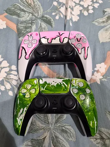Pair of custom painted Sony PS5 DualSense controllers (green & pink)o