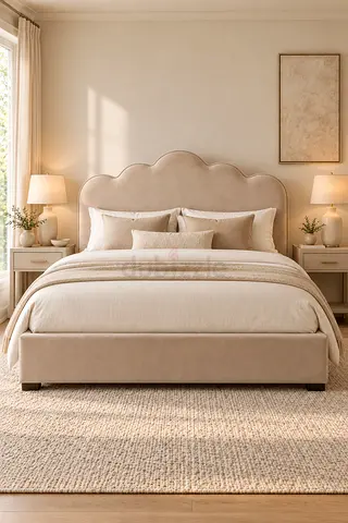 Comfortable Upholstered Bed – Thick Cushioned Headboard – Soft Beige Fabric