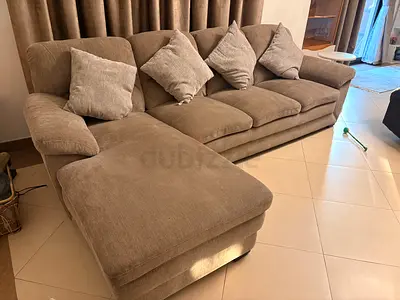 3-seater L-shaped fabric sofa with chaise - neutral taupe, good condition