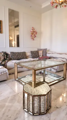 Distressed Mirrored Coffee Table with Matching Stand - Set of 2