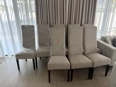 Set of 10 Light Beige Dining Chairs with Wooden Legs - Good Condition