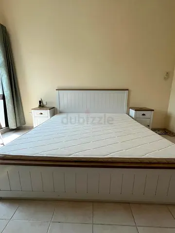 PAN Home White wooden double bed with mattress and two bedside tables ( available by 5-7th Nov)