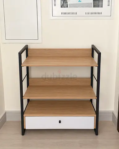Compact 3-Tier Wood & Metal Shelf with Drawer