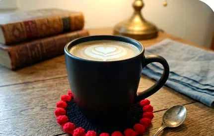 Brand new crochet handmade black base and red rose mug coaster