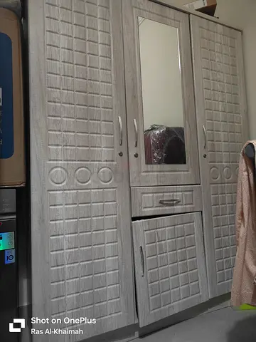 3-door wardrobe with mirror, light grey wood finish - good condition