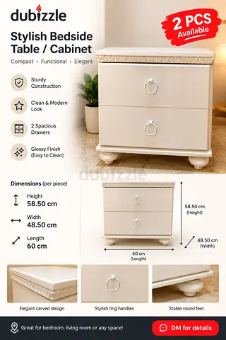 White Glossy 2-Drawer Bedside Table / Nightstand - 58.5cm H