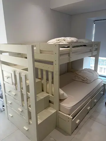 White Wooden Kids Bunk Bed with Trundle and Storage Drawers