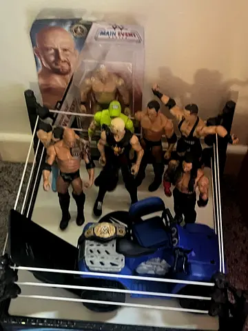Collection of WWE-style Wrestling Action Figures with Ring and Accessories
