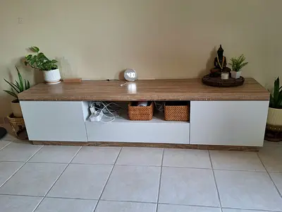 Low modern TV cabinet with 2 doors and 1 drawer - wood top (available by 5-7th Nov)