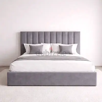 New Grey upholstered King Size bed with tall channelled headboard and mattress
