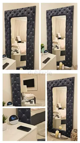 Tall Tufted Upholstered Full-Length Mirror — Grey Velvet Frame