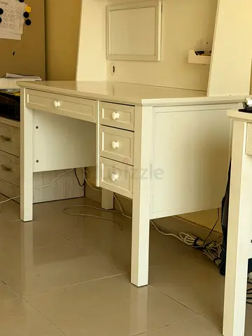 White wooden study desk with drawers