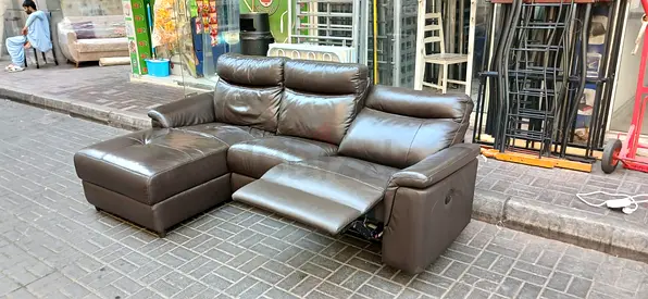 Brown Leather L-Shaped Recliner Sofa with Ottoman - Good Condition