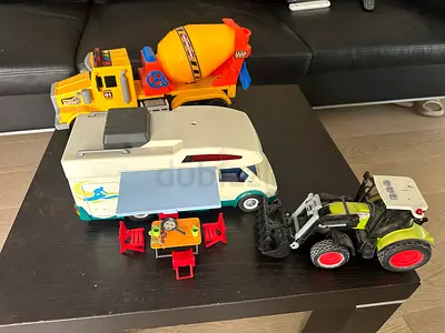 Mixed toy vehicles set — tractor, cement truck, camper and accessories
