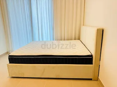 King size upholstered bed frame with mattress - beige, good condition