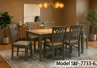 Solid Wood 6-Seater Dining Table Set with Chairs - Smoke Grey