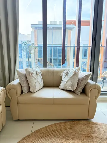 Beige eco-leather 4 Sofa sets with coffee table for sale, suitable for a living room or office
