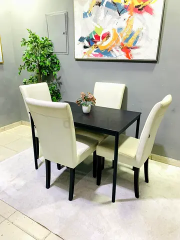 Compact 4-Seater Dining Table Set with Cream Upholstered Chairs