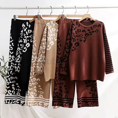 Cozy Leopard Print Knit Sweater and Pants Set - Multiple Colors