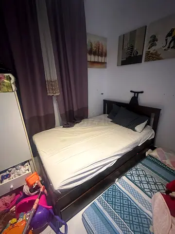 Queen wooden bed frame with headboard - good condition with mattress