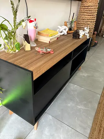 Modern low TV cabinet / media console in wood and black finish