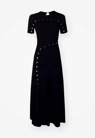 Maje Size 38 Black ribbed long dress with silver buttons, gently used