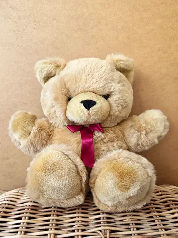 Beige Plush Teddy Bear with Ribbon - excellent Condition