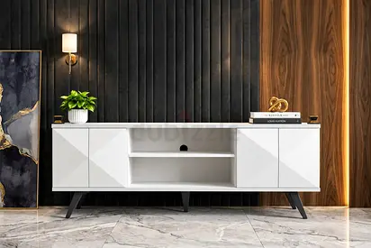 White Modern TV Console Cabinet with Geometric Doors