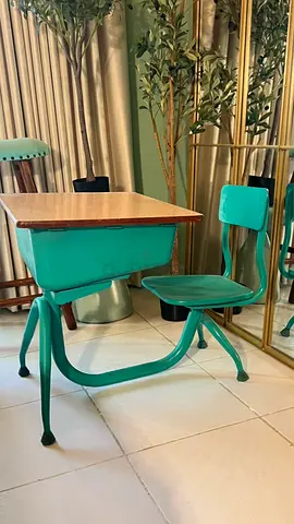 Vintage industrial-style school desk and chair for children