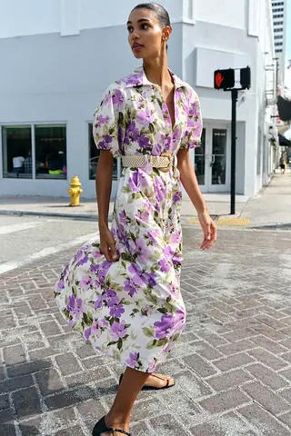 Zara Floral Print Belted Midi Dress