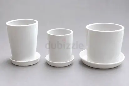 Set of 3 White Ceramic Plant Pots with Saucers