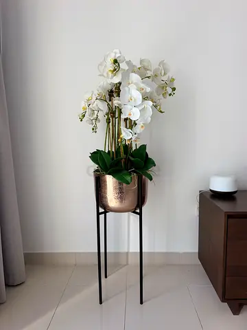 Decorative white orchids in tall plant stand from Marina Home (ready to display)