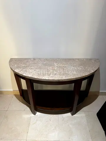 Half-moon Console Table with Marble Top and Dark Wood Base