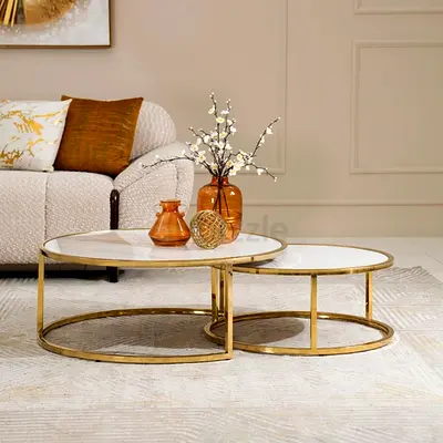 Set of 2 Round Nesting Coffee Tables with White Marble Top and Gold Frame