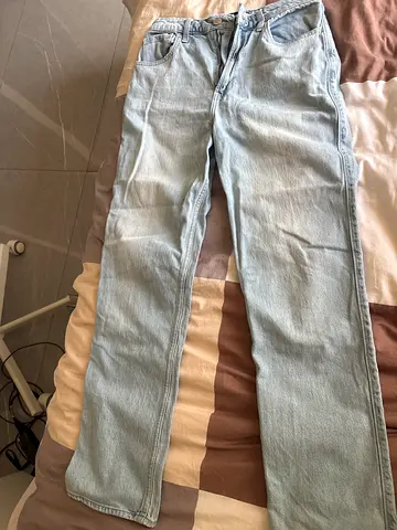Light blue straight-leg jeans, good used condition