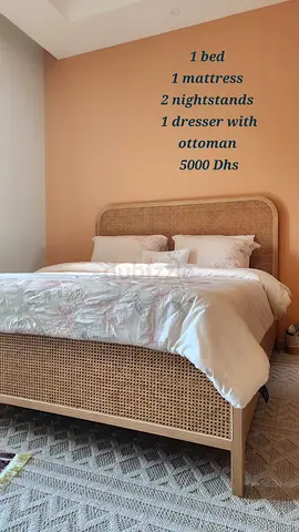 Rattan queen bed frame with mattress, 2 nightstands and dresser with ottoman - 5000 AED