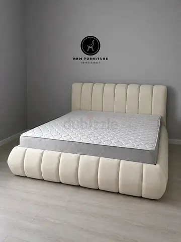 Beige Upholstered King size Bed Frame with Padded Headboard