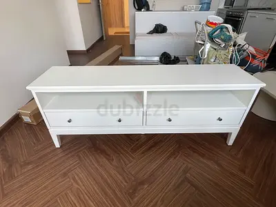 White wooden TV cabinet with drawers and open shelves - good condition