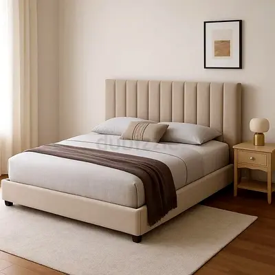 Queen storage bed with gas-lift mechanism and upholstered headboard