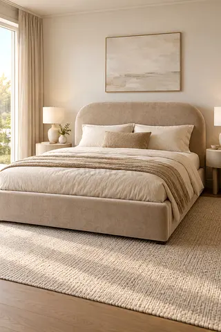 Comfortable Upholstered Bed – Thick Cushioned Headboard – Soft Beige Fabric