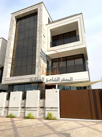 فيلا فاخرة للإيجار في الياسمين عجمان 5 غرف ماستر 3 طوابق وروف مسبح ومصعد