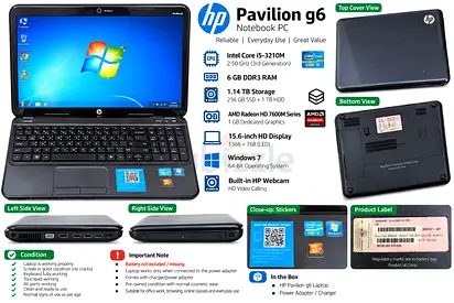 HP Pavilion g6 Laptop i5, 6GB RAM, 256GB SSD + 1TB HDD, 15.6"