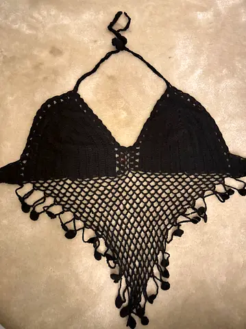 Handmade Black Crochet Halter Top with Fringe — Size S/M