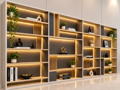 Modern Built-in Wall Bookcase with Integrated LED Lighting