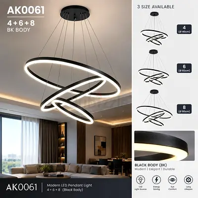 Modern LED Spiral Pendant Chandelier (Black) - AK0061 4+6+8 Rings